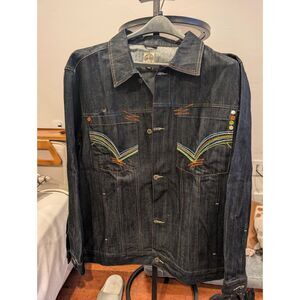 Brock Jeans Denim Jacket Mens XL Y2K Hip Hop Rainbow Stitch Embroidered